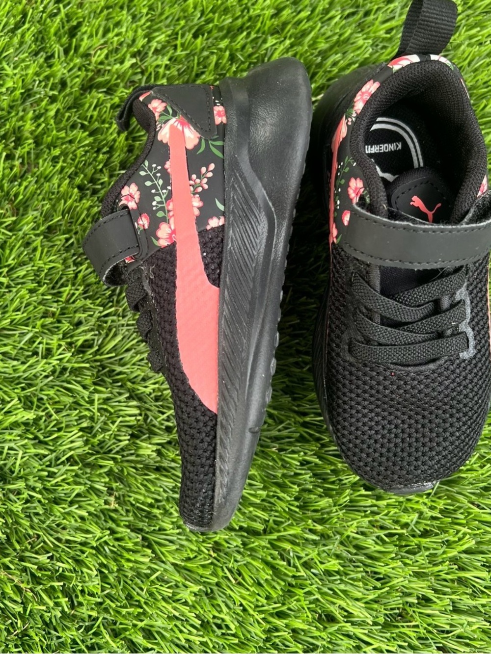 Puma Kids Black Sneakers with Pink Floral Accent